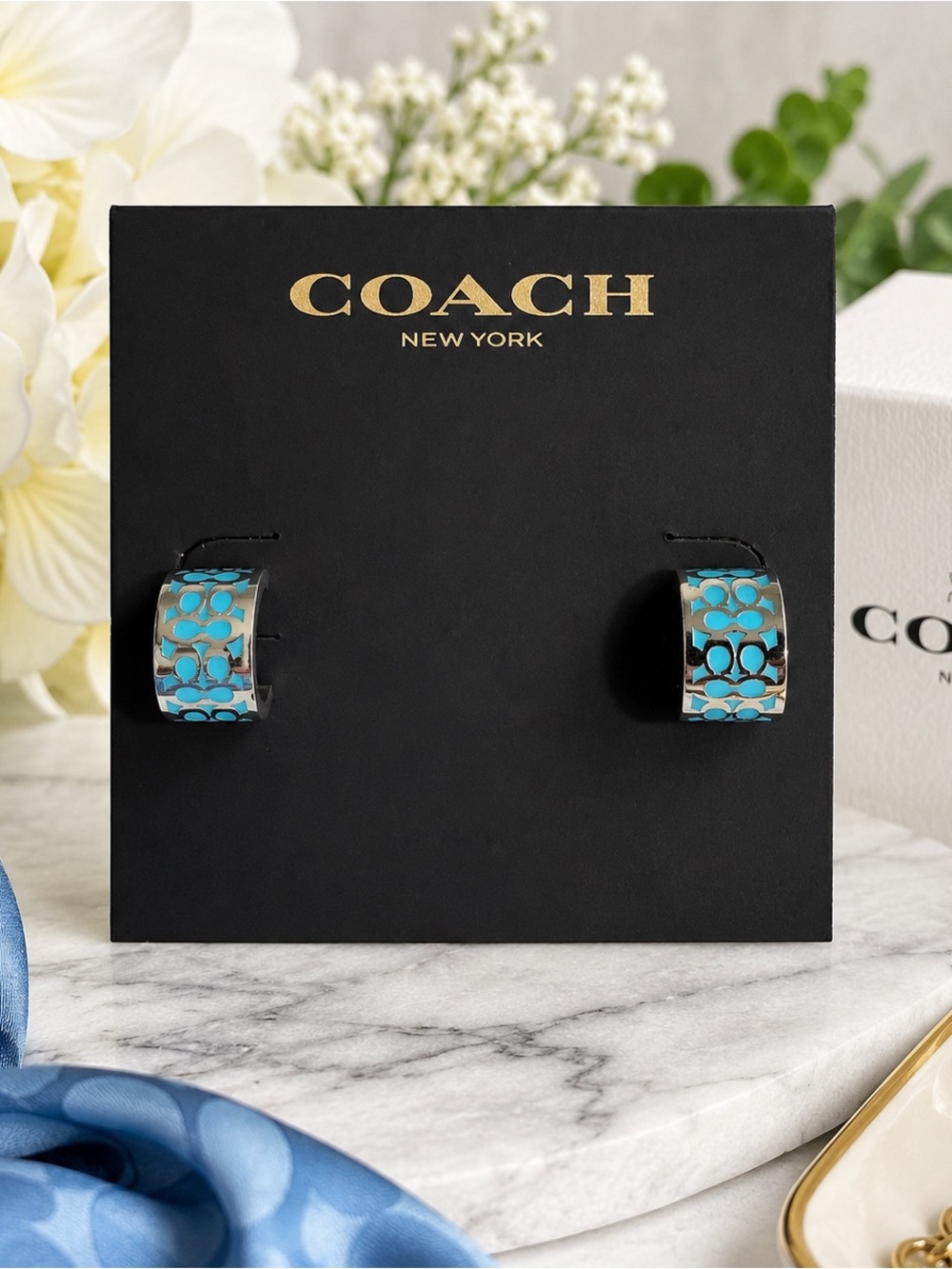 Coach Signature Enamel Hoop Earrings Blue Silver Logo C Hoops NWT